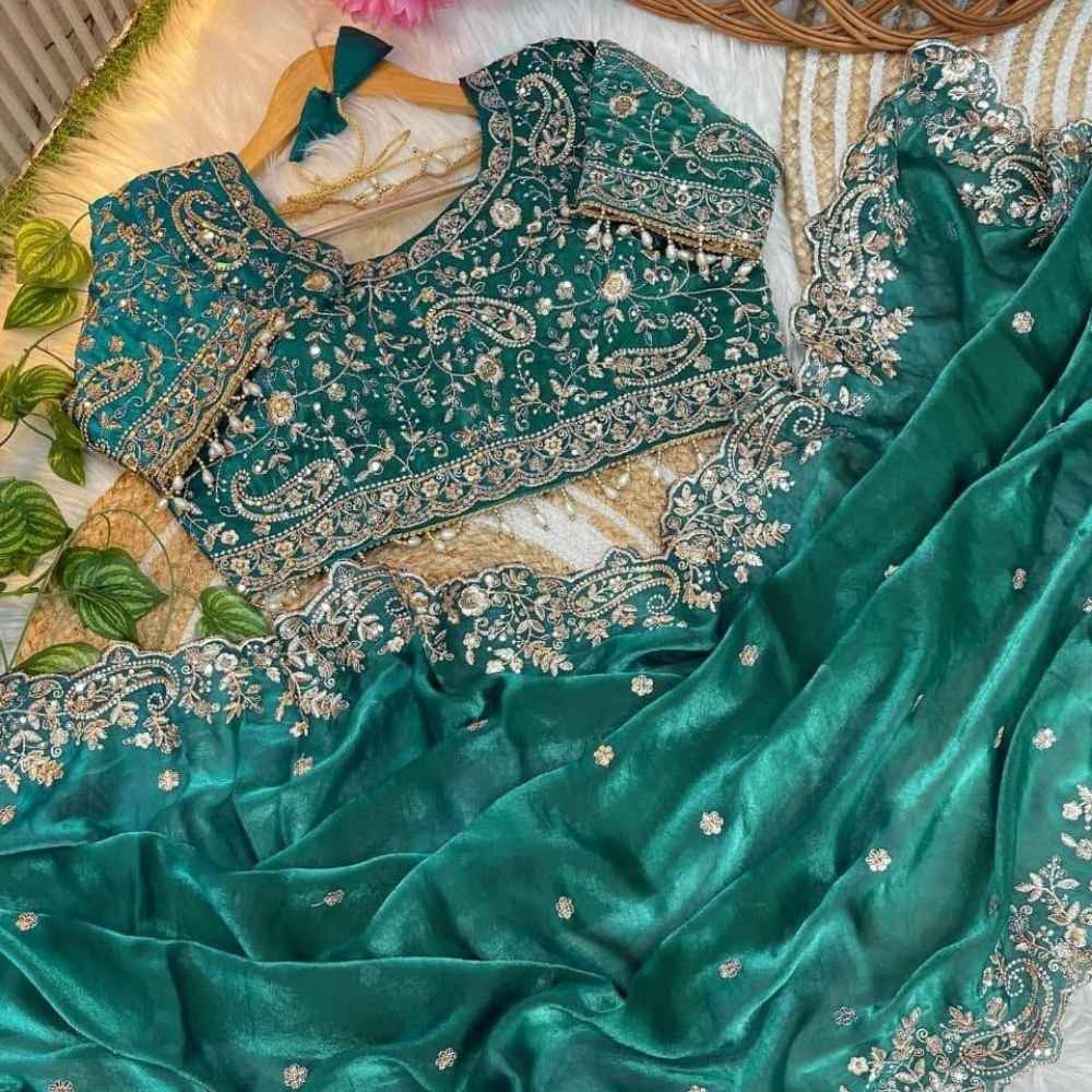 মাধুরী শাড়ি | টিল সবুজ কালার – ফ্যাব্রিক ফেন্ডি সিল্ক