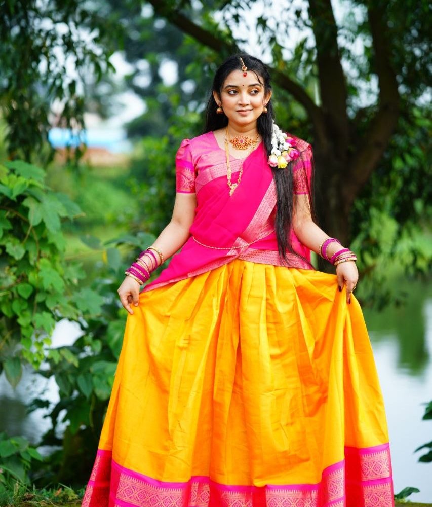 Yellow Kanchipuram Silk Lehenga with Hot Pink Blouse and Magenta Dupatta