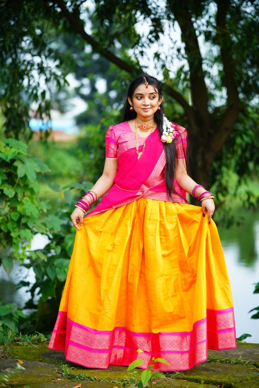Yellow Kanchipuram Silk Lehenga with Hot Pink Blouse and Magenta Dupatta